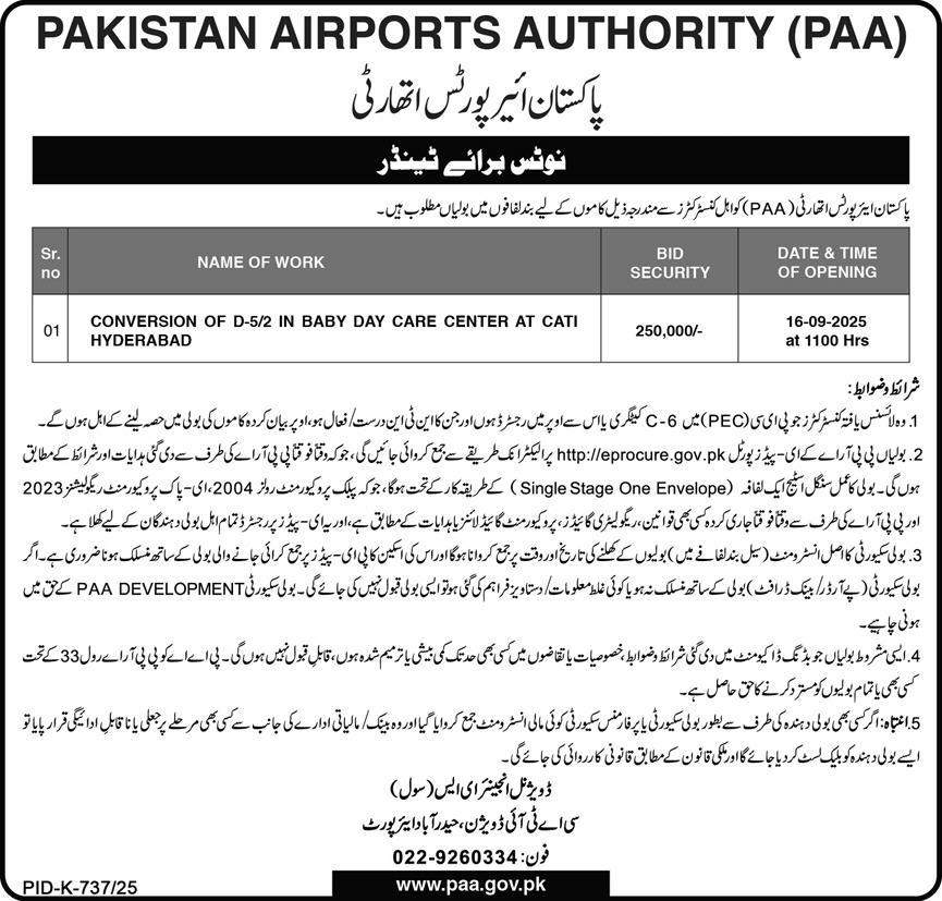 Pakistan Airports Authority Karachi Tender Notice